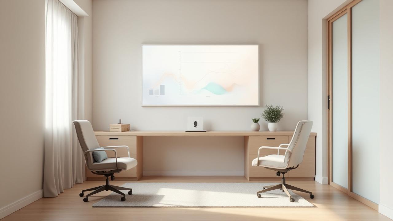 Consultorio nutrional o de coaching bien iluminado y minimalista con una mesa, sillas cómodas y una pantalla, todo muy limpio y profesional.