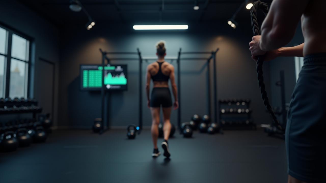 Gimnasio de fitness funcional moderno con equipos de última generación, mancuernas, kettlebells y un área de estiramiento, con iluminación brillante.